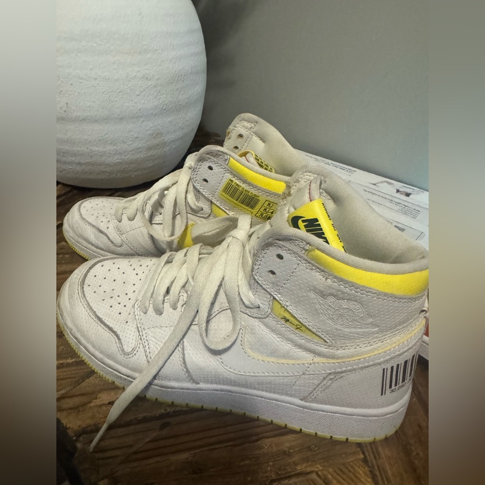 Nike White and Yellow Air Jordan 1 Mid with Barcode Heel Detail